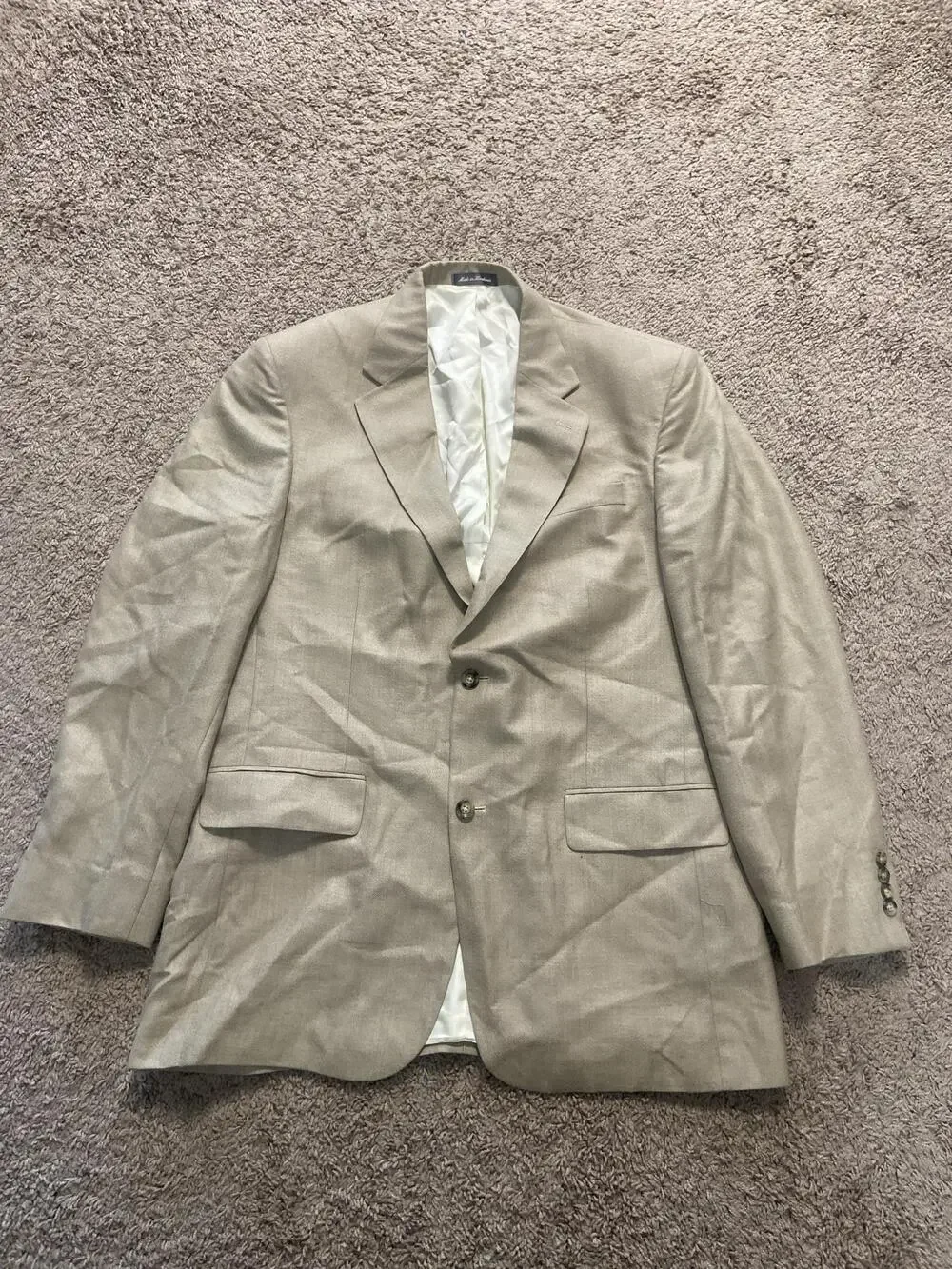 Oscar De La Renta Suit Jacket Mens 44 Long Beige Silk Wool Notch Lapel